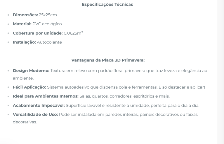 Placa 3D Mini Primaveira autoadesiva 25x25CM Revestimento Decorativo para parede.