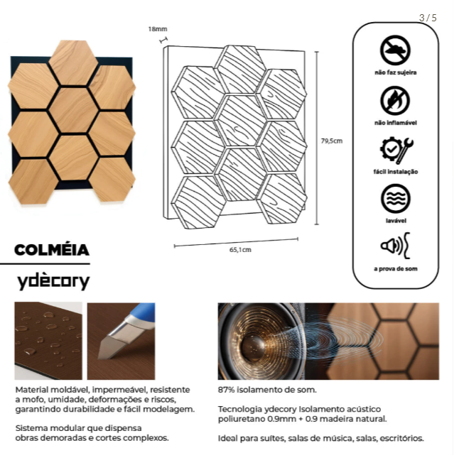 Revestimento Acústico Artesanal Pinus 18mm · Poliuretano com MDF