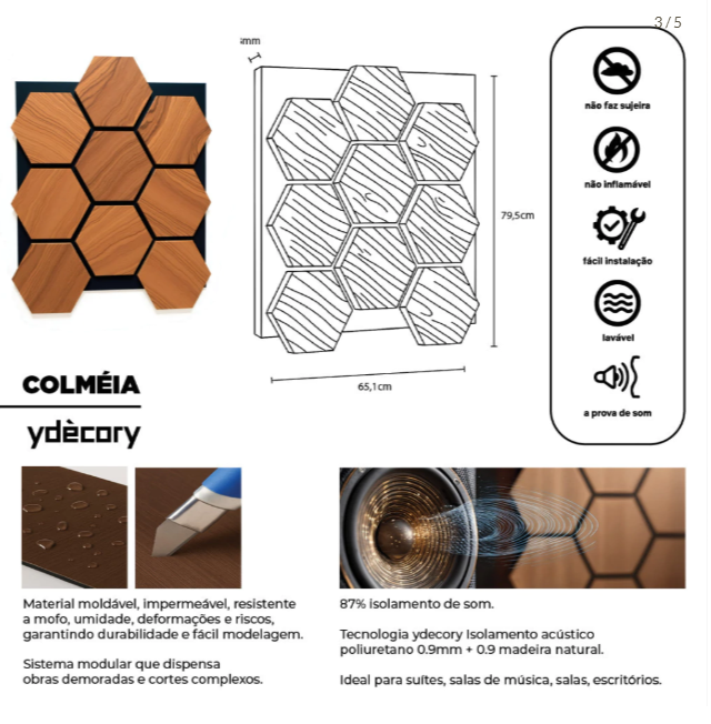 Revestimento Acústico Artesanal Cerejeira 18mm · Poliuretano com MDF