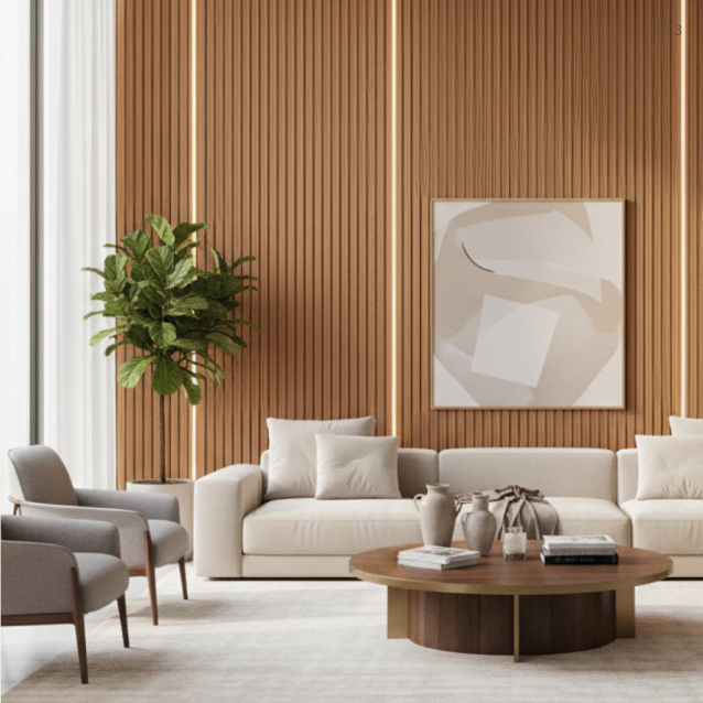 Revestimento Ripado Freijó Flexível 22mm · Fibra Sintética com Película 3D