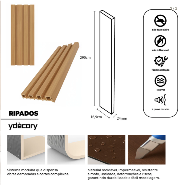 Revestimento Ripado Freijó Flexível 22mm · Fibra Sintética com Película 3D